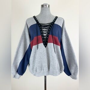 Vintage Reworked Gray Lace-Up Sweatshirt with Blue and Red Stripes